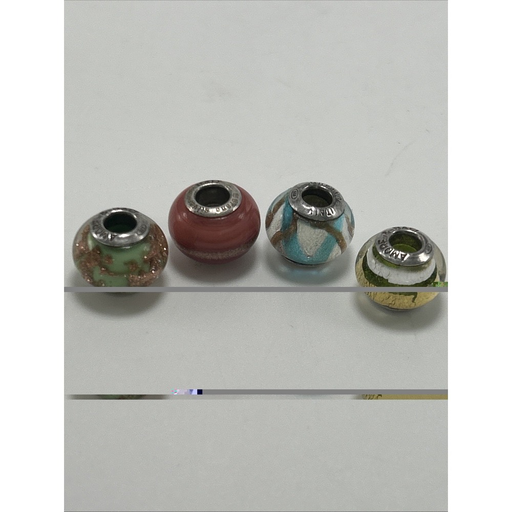 Silver Italian Murano Glass Bead .925 Sterling Silver Reflection Beads Set Of 4